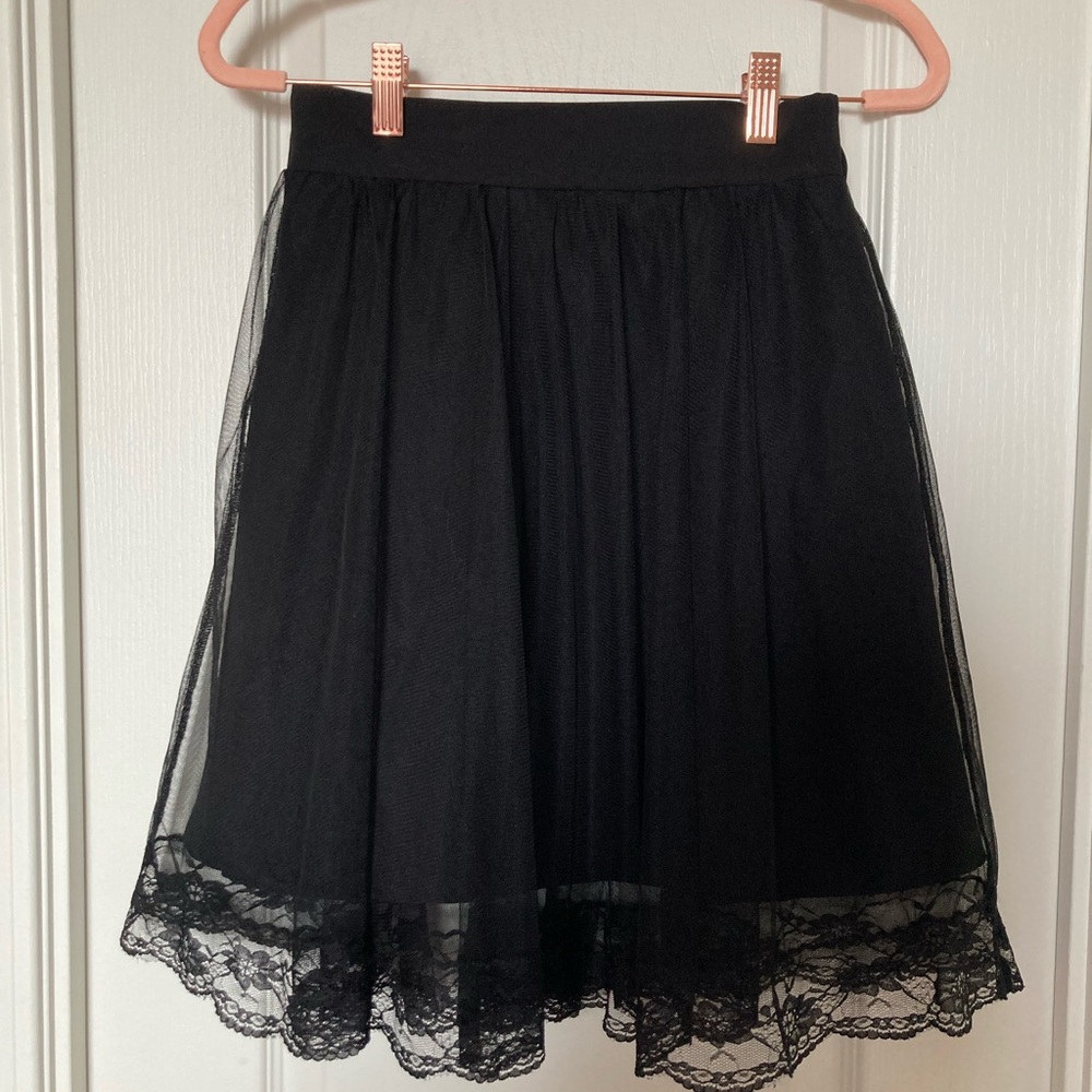 Black Tulle Skirt Mesh Layer Lace Trim
